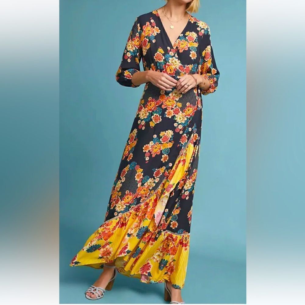 Anthropologie Navy Floral Wrap Maxi Dress with Yellow Ruffle